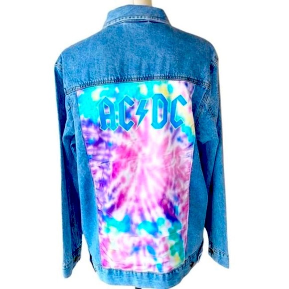 Vintage | Jackets & Coats | Acdc Jean Jacket Band Tie Dye Patchwork ...